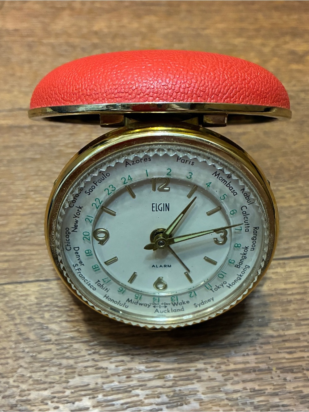 Elgin Vintage Compact Red Folding World Travel Alarm Clock Model #8989